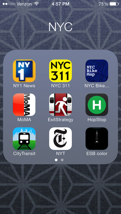 My NYC apps. The New York Times and Empire State Building Color apps are actually web shortcuts.
