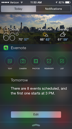 This is what my Notification Center looks like today. Including a nice NYC photo from Yahoo Weather.